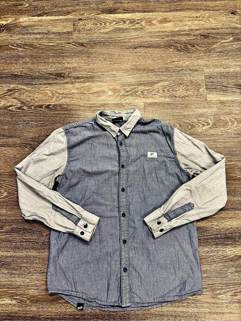 Vans Mens Medium Blue Patchwork Chambray Herringbone Button Up Skate Shirt